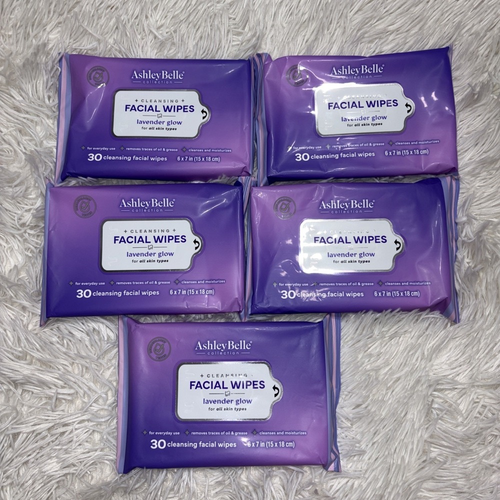 Lot Of 5 Ashley Belle Facial Cleansing Wipes Lavender Glow For All Skin Types